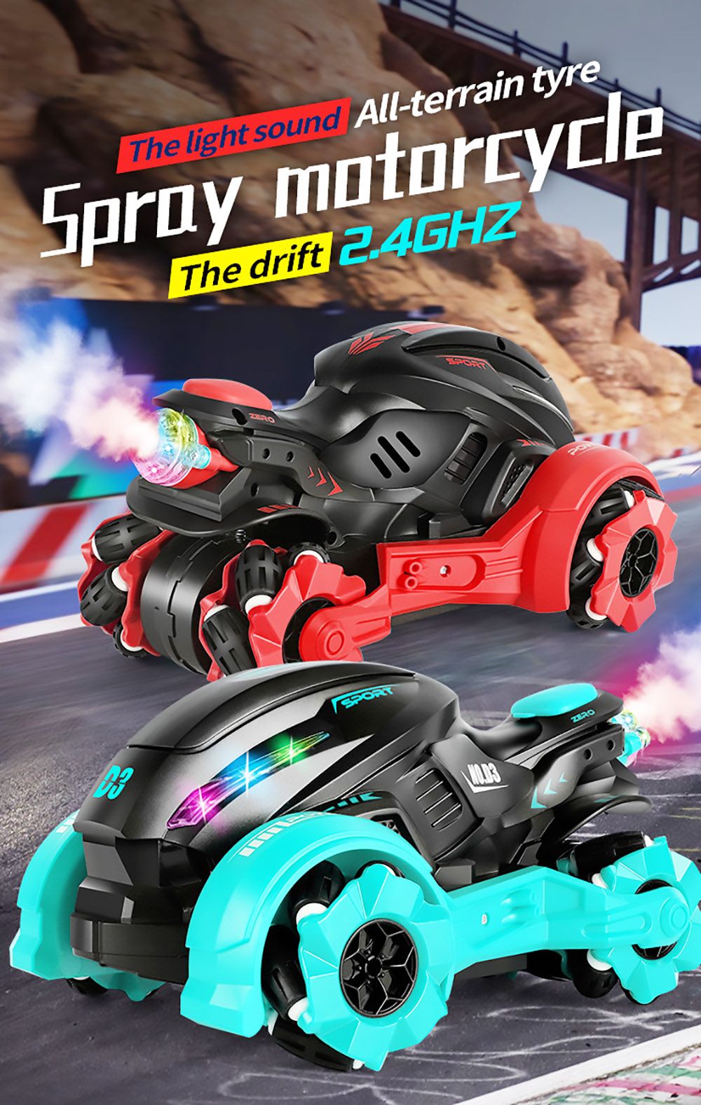 JJRC 2.4GHZ 4WD All-Terrain Tire Drift RC Spray Motorcycle with Cool Light & Sound 15km/h - Blue