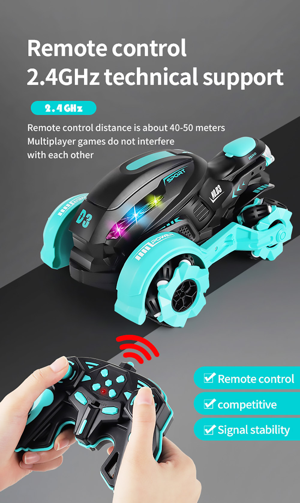 JJRC 2.4GHZ 4WD All-Terrain Tire Drift RC Spray Motorcycle with Cool Light & Sound 15km/h - Blue