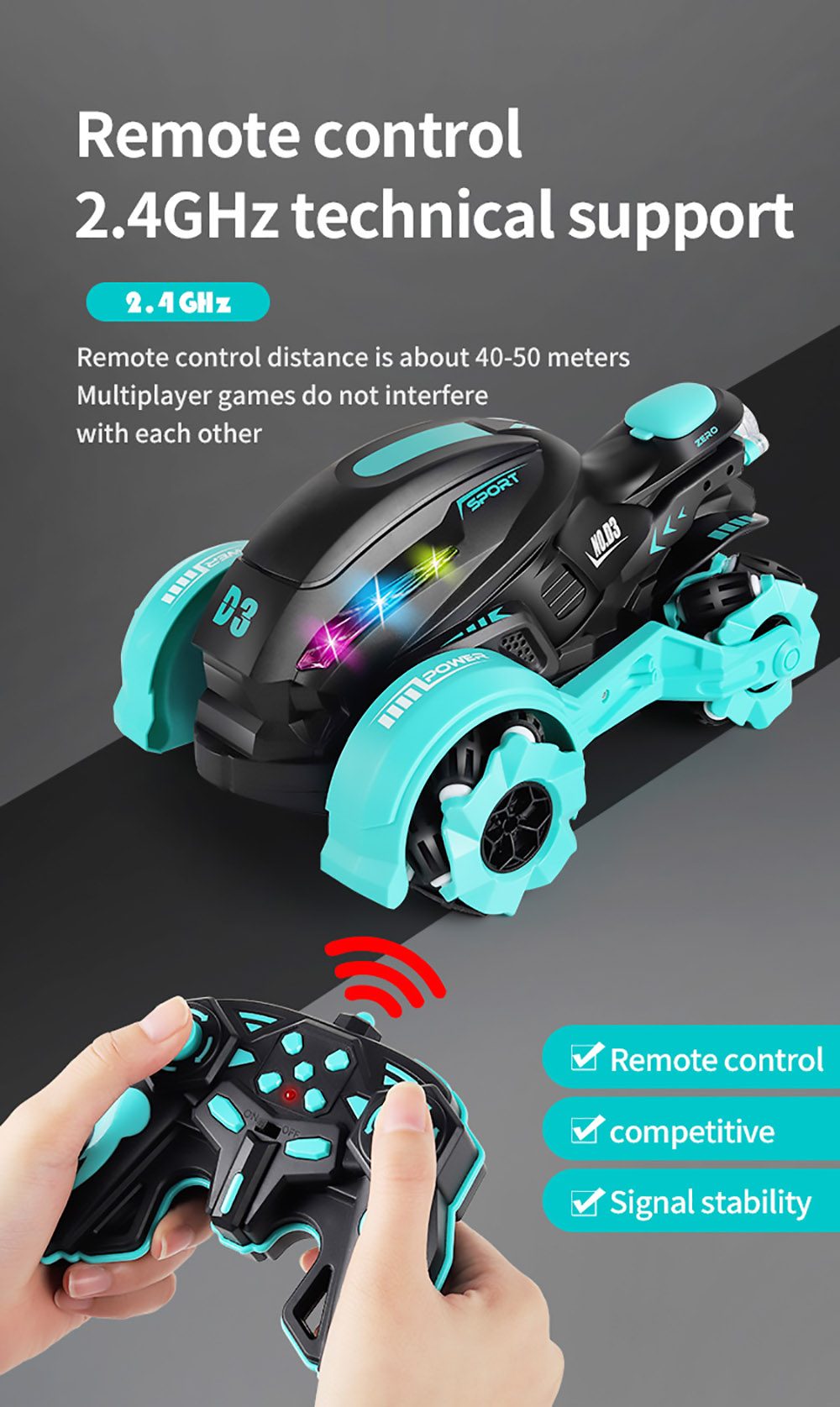 JJRC 2.4GHZ 4WD All-Terrain Tire Drift RC Spray Motorcycle with Cool Light & Sound 15km/h - Blue