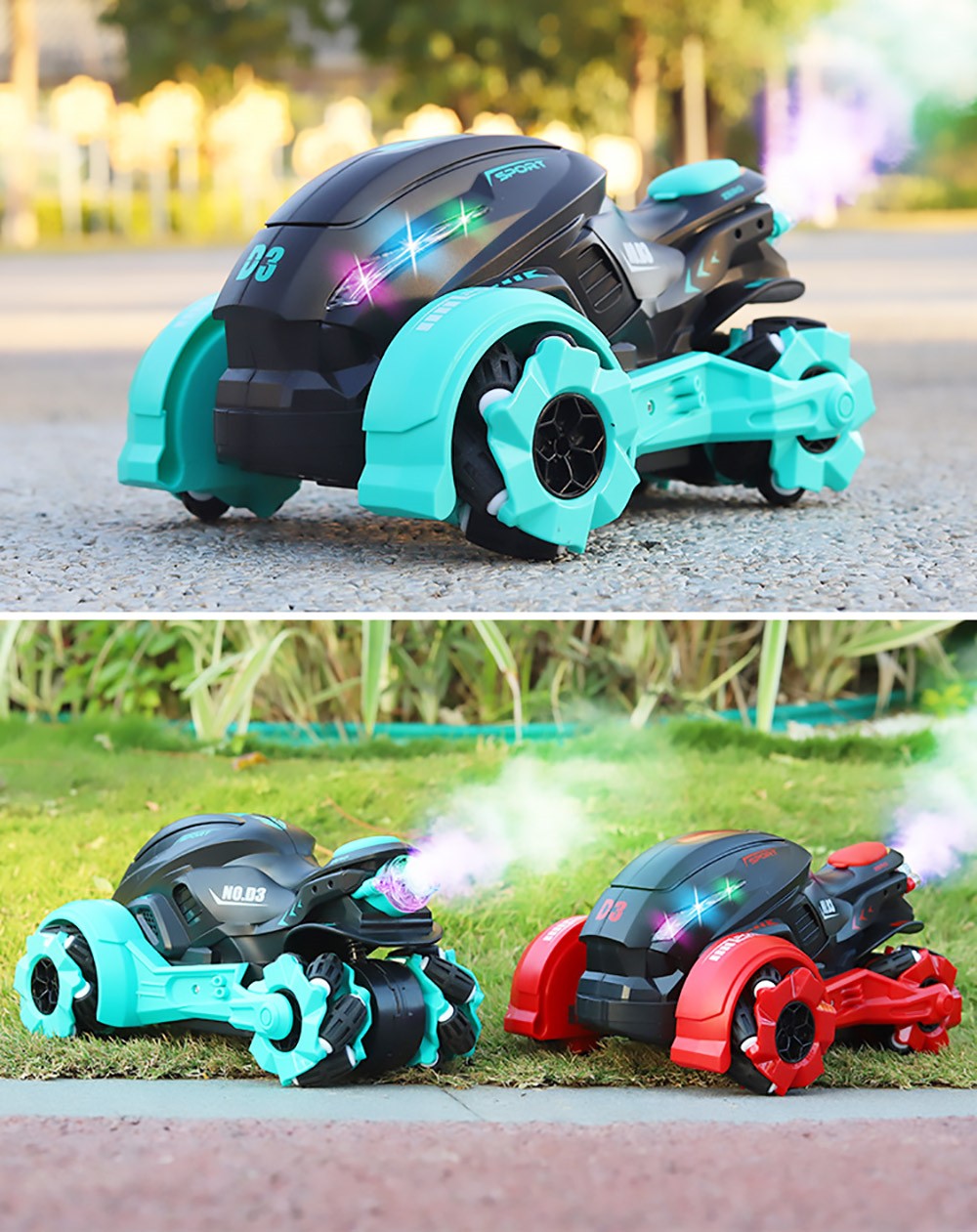 JJRC 2.4GHZ 4WD All-Terrain Tire Drift RC Spray Motorcycle with Cool Light & Sound 15km/h - Blue