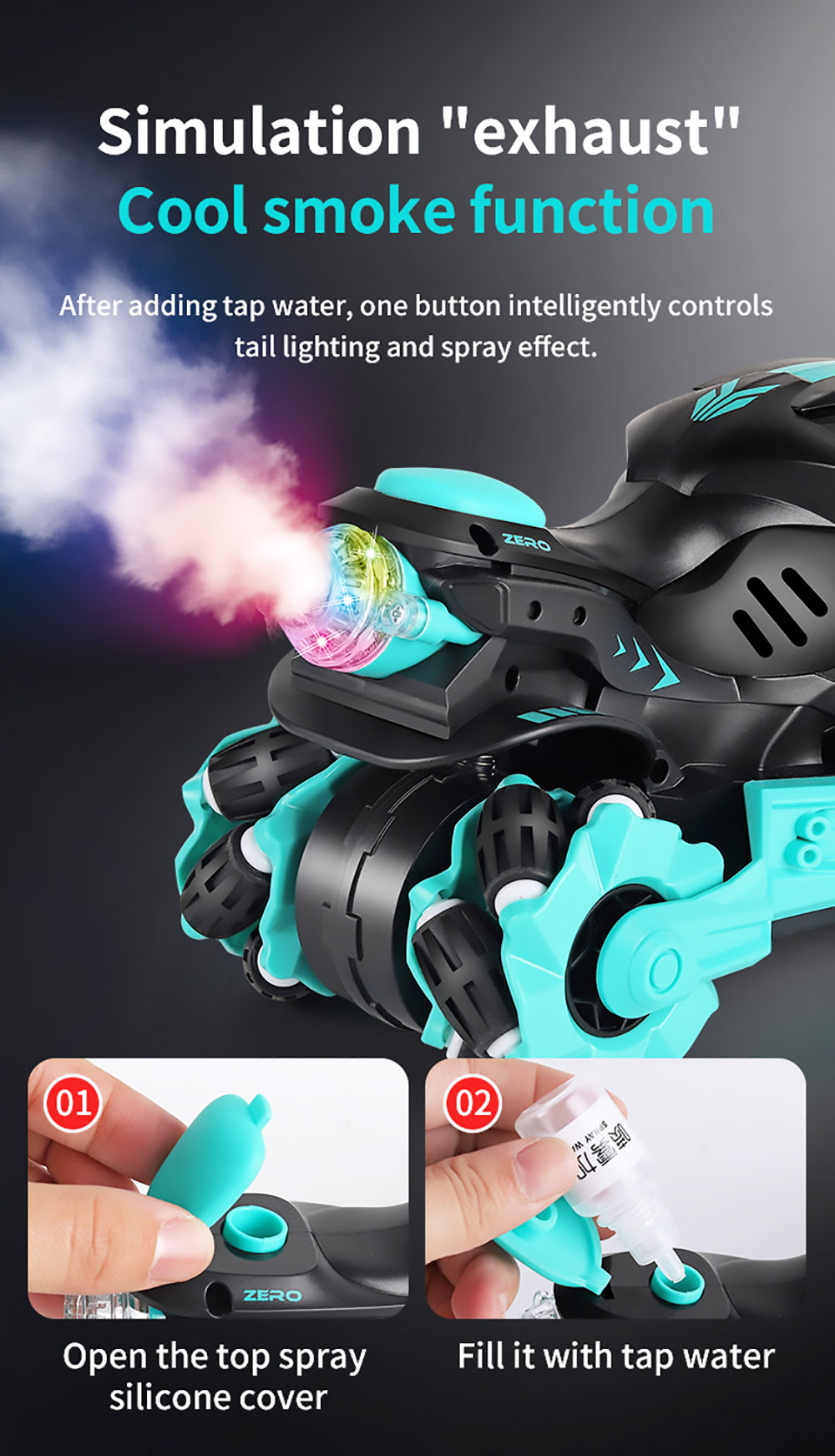 JJRC 2.4GHZ 4WD All-Terrain Tire Drift RC Spray Motorcycle with Cool Light & Sound 15km/h - Blue