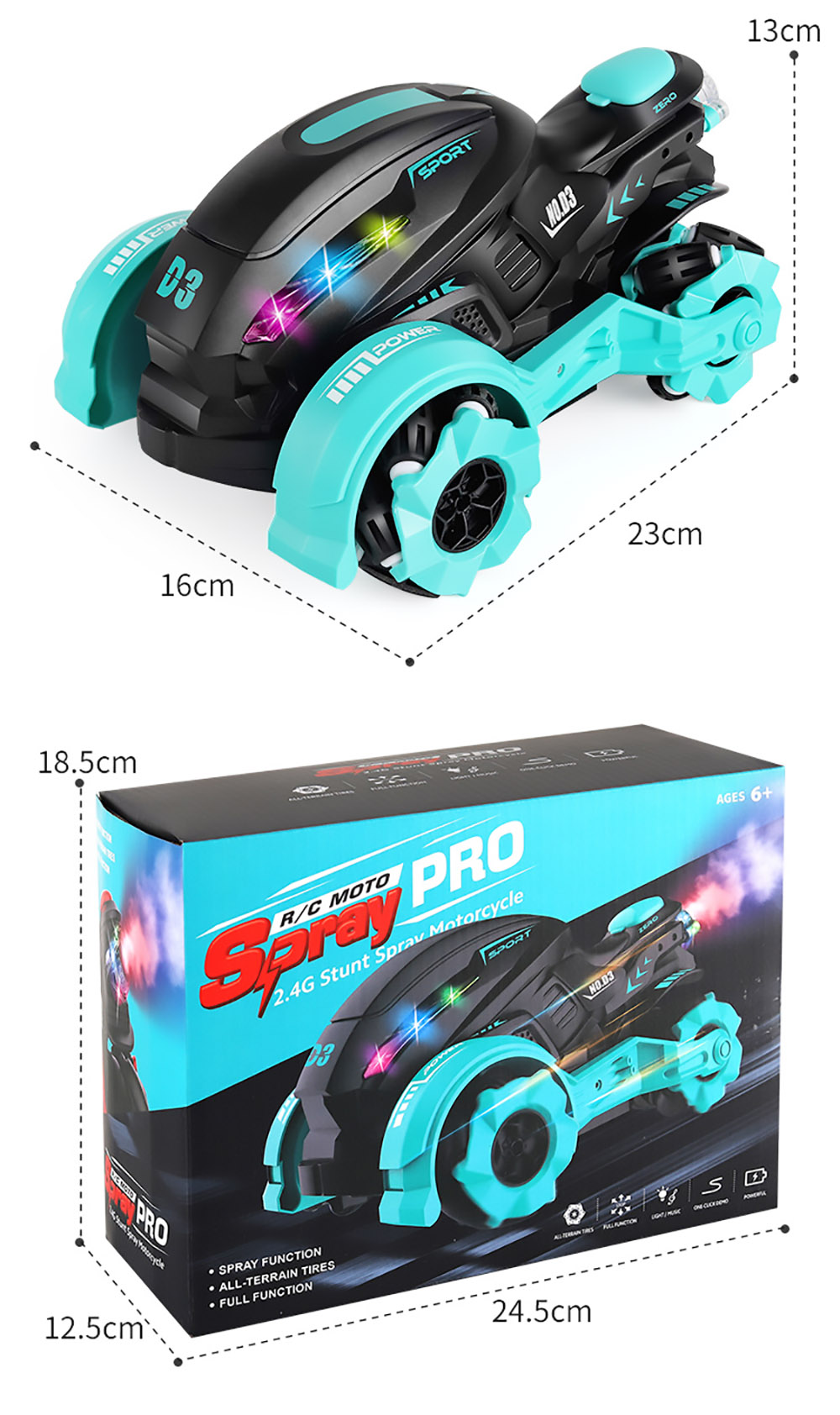 JJRC 2.4GHZ 4WD All-Terrain Tire Drift RC Spray Motorcycle with Cool Light & Sound 15km/h - Blue