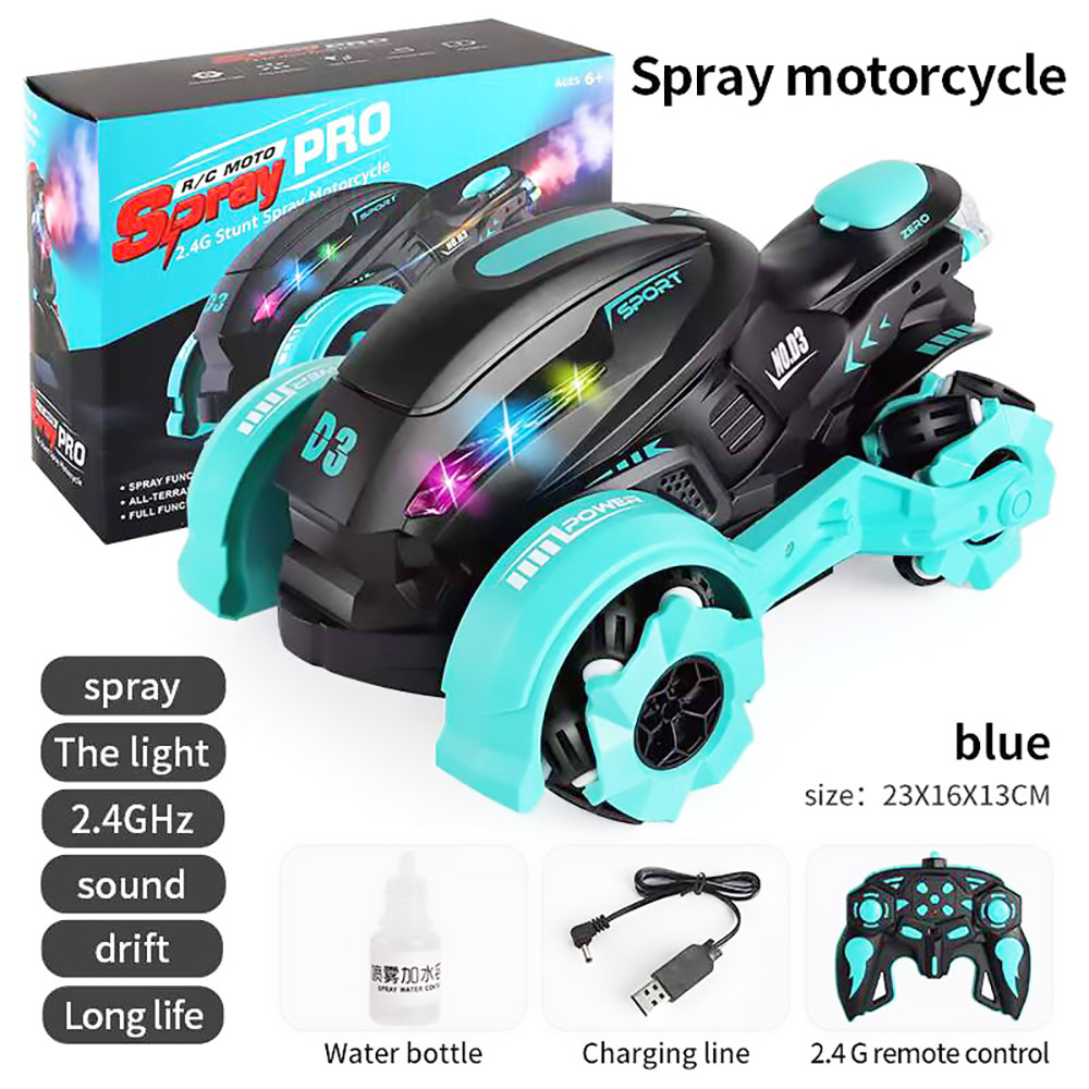 JJRC 2.4GHZ 4WD All-Terrain Tire Drift RC Spray Motorcycle with Cool Light & Sound 15km/h - Blue