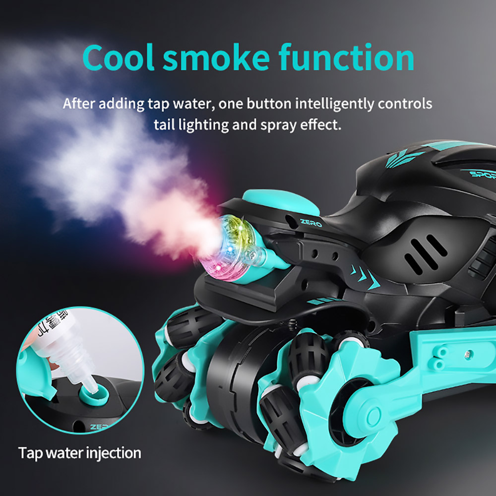 JJRC 2.4GHZ 4WD All-Terrain Tire Drift RC Spray Motorcycle with Cool Light & Sound 15km/h - Blue