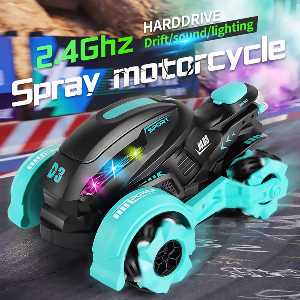 JJRC 2.4GHZ 4WD All-Terrain Tire Drift RC Spray Motorcycle with Cool Light & Sound 15km/h - Blue