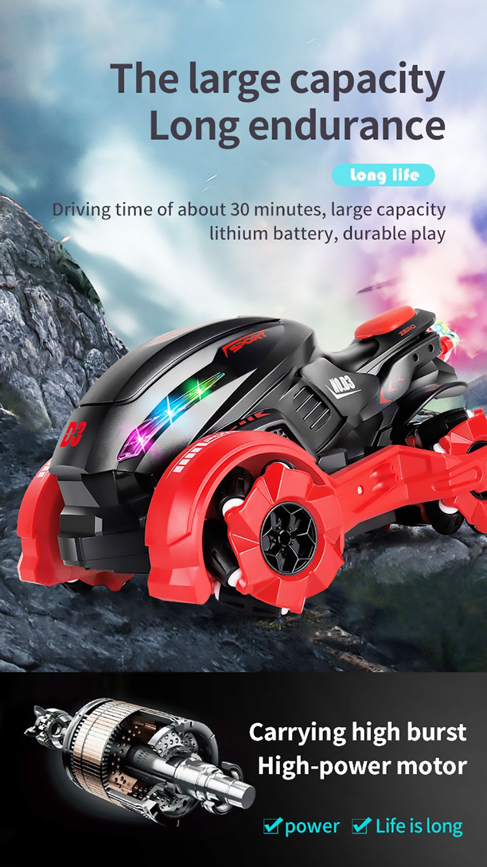 JJRC 2.4GHZ 4WD All-Terrain Tire Drift RC Spray Motorcycle with Cool Light & Sound 15km/h - Blue