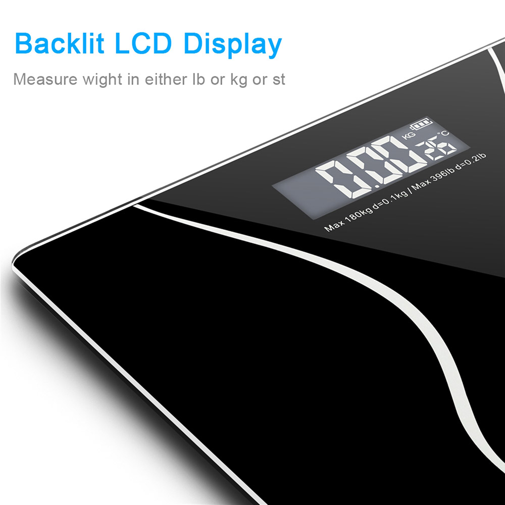 LEADZM 180Kgデジタルパーソナルウェイトスケール、超薄型デザインのバックライト付きLCDディスプレイにより、健康を維持します-ブラック