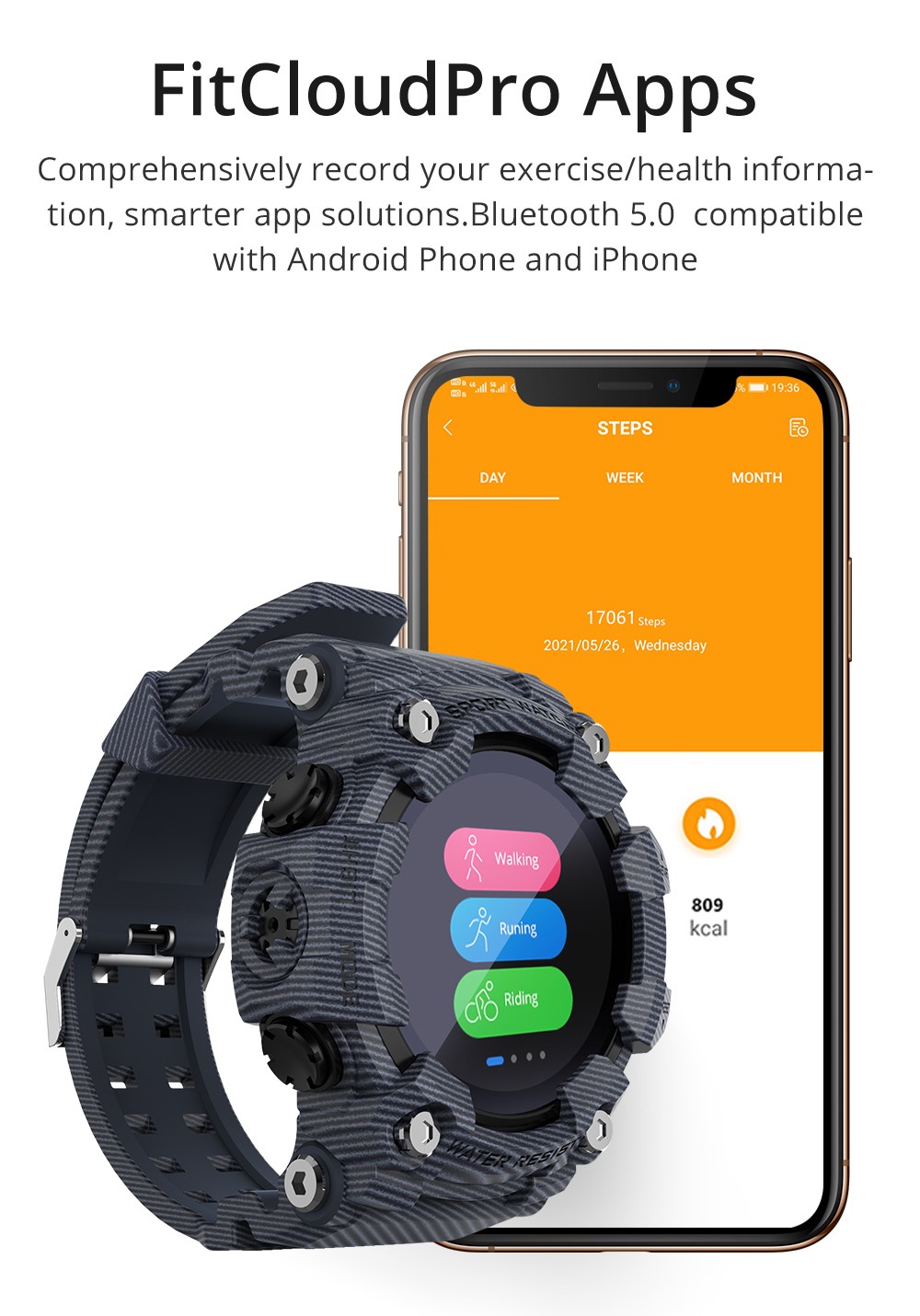 LOKMAT ATTACK Bluetooth Smartwatch 1.28 calowy ekran dotykowy TFT Monitor ciśnienia krwi IP68 Wodoodporny 25 Dni Czas czuwania - czarny