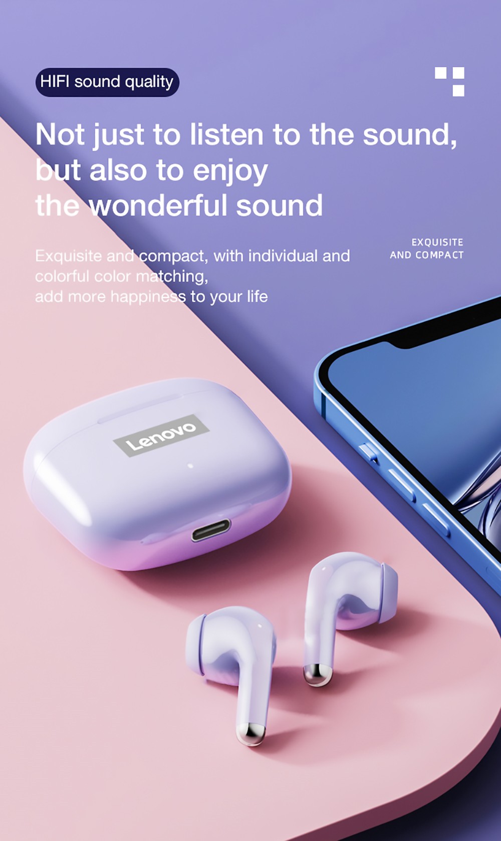 Lenovo Thinkplus LivePods LP40 Pro TWS Wireless Bluetooth Earphone Noise Cancelling Earbuds Gaming Sports Headset - Purple