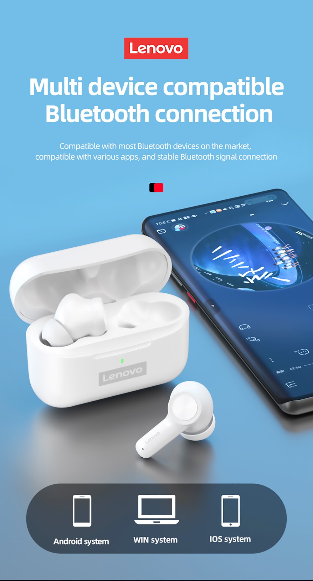 Lenovo Thinkplus LivePods LP70 Wireless Bluetooth Earphone Noise Cancelling Earbuds Game Sports Headset - White