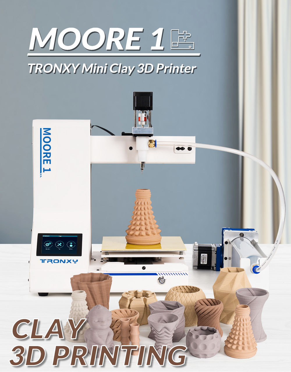 Tronxy Moore 1 Mini Clay 3D nyomtató, 40mm/s nyomtatási sebesség, nyomtatás folytatása, TMC2209, 180*180*180mm