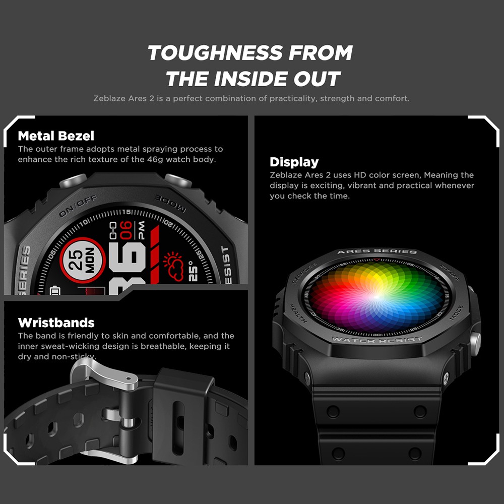 Zeblaze Ares 2 Bluetooth Smartwatch 1.09 นิ้วหน้าจอสัมผัสอัตราการเต้นหัวใจเครื่องวัดความดันโลหิต 50M แบตเตอรี่ทนน้ำ 260 mAh 45 วันเวลาสแตนด์บาย - สีน้ำเงิน