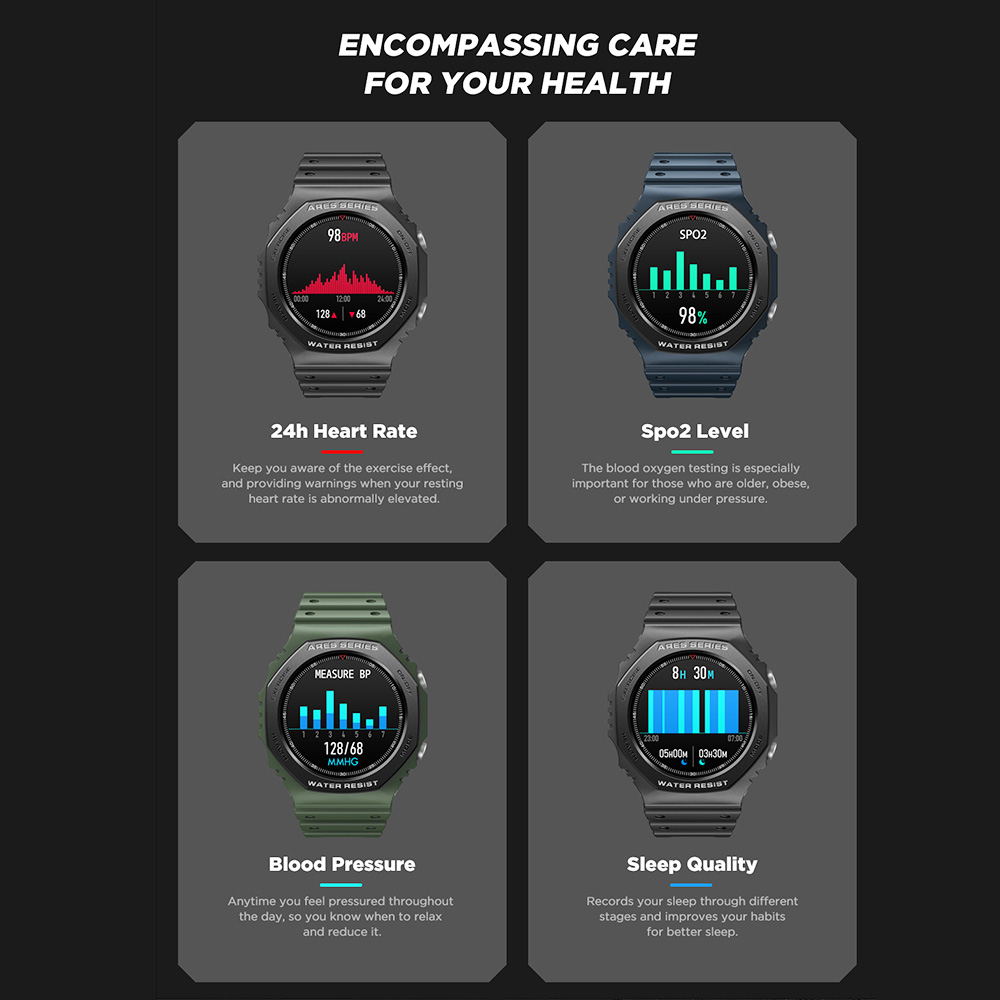 Zeblaze Ares 2 Smartwatch Bluetooth 1.09 pollici Touch Screen Monitor per la pressione sanguigna della frequenza cardiaca 50M Resistente all'acqua Batteria da 260 mAh Tempo di standby di 45 giorni - Blu