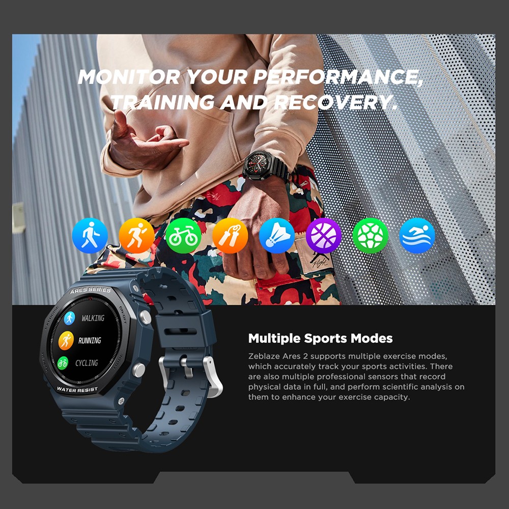 Zeblaze Ares 2 Bluetooth Smartwatch 1.09 inç Dokunmatik Ekran Nabız Kan Basıncı Monitörü 50M Suya Dayanıklı 260 mAh Pil 45 Gün Bekleme Süresi - Mavi