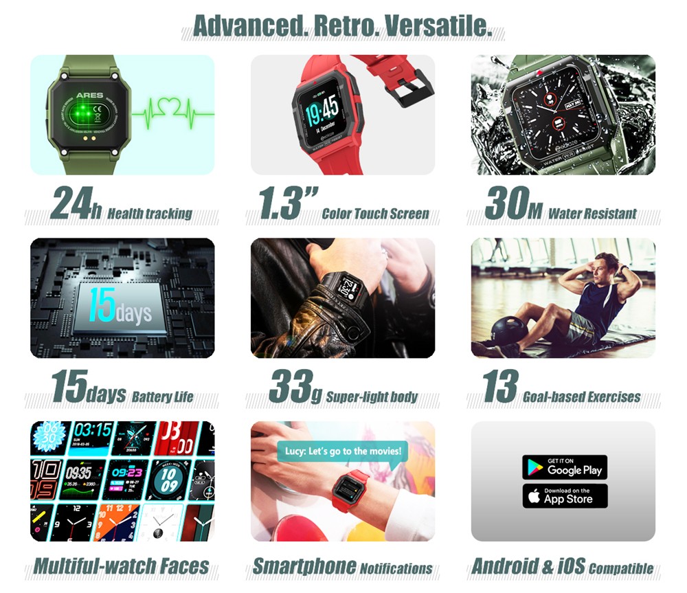 Zeblaze Ares Ultra-light Bluetooth Smartwatch 1.3 inch IPS Touch Screen Heart Rate Blood Pressure Monitor 30M Water-Resistant 170mAh Battery 15 Days Standby Time - Black