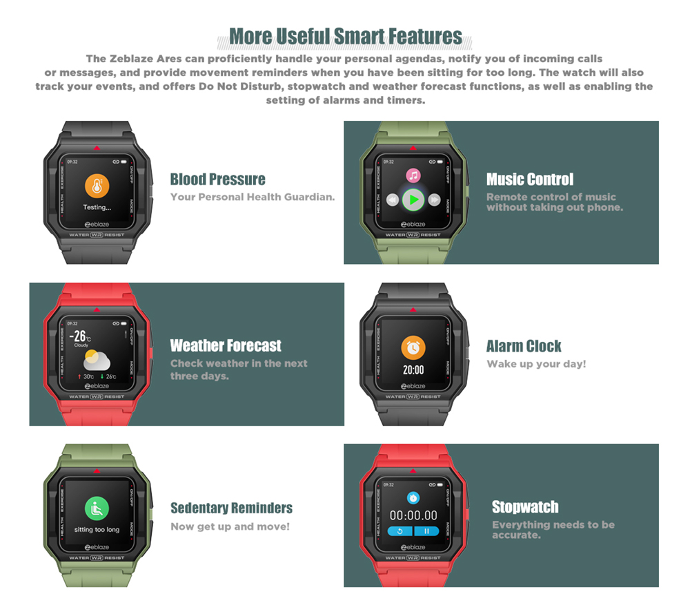 Zeblaze Ares Ultra-light Bluetooth Smartwatch 1.3 inch IPS Touch Screen Heart Rate Blood Pressure Monitor 30M Water-Resistant 170mAh Battery 15 Days Standby Time - Black