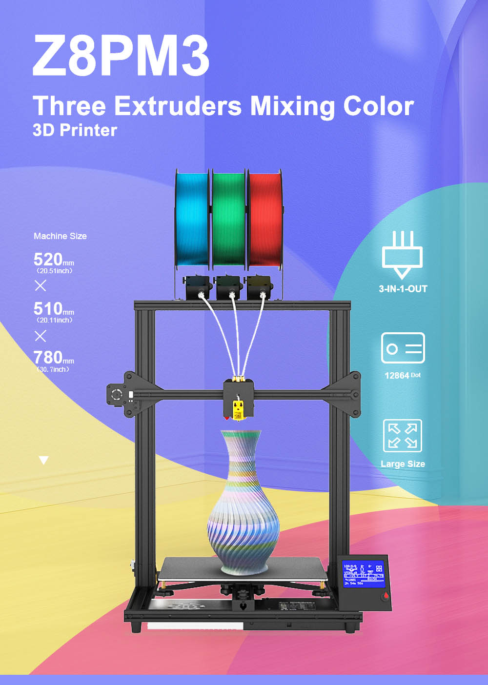 Extrusora Zonestar Z8PM3 3-IN-1-OUT Impressora 3D com mistura de cores Tela LCD de alta precisão e resolução Kit DIY - Preto
