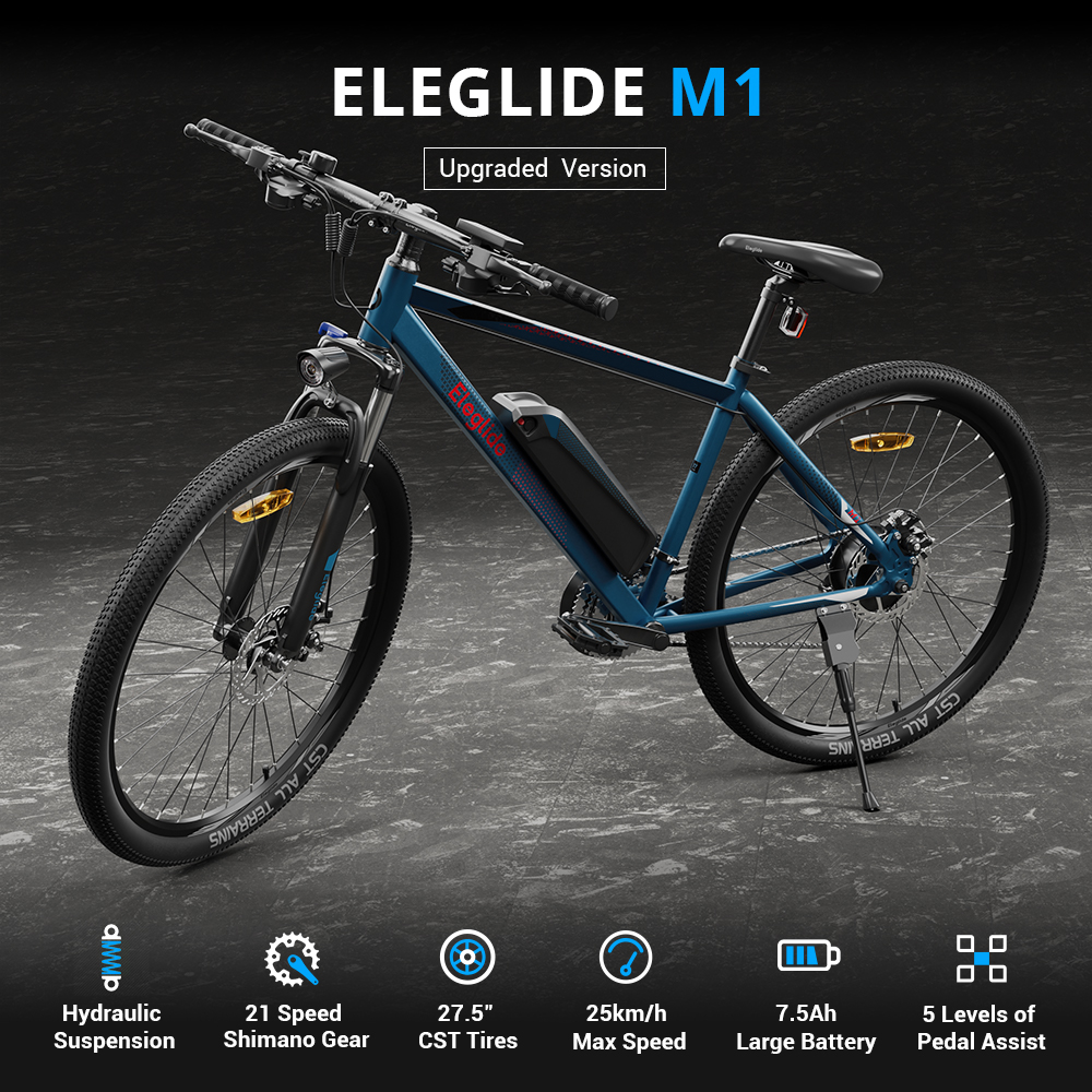 ELEGLIDE M1 Electric Bike 26 inch Mountain Urban Bicycle 250W Hall Brushless Motor SHIMANO Shifter 21 Speeds 36V 7.5Ah Removable Battery 25km/h Max speed up to 65km Max Range IPX4 Waterproof Aluminum alloy Frame Dual Disk Brake - Dark Blue