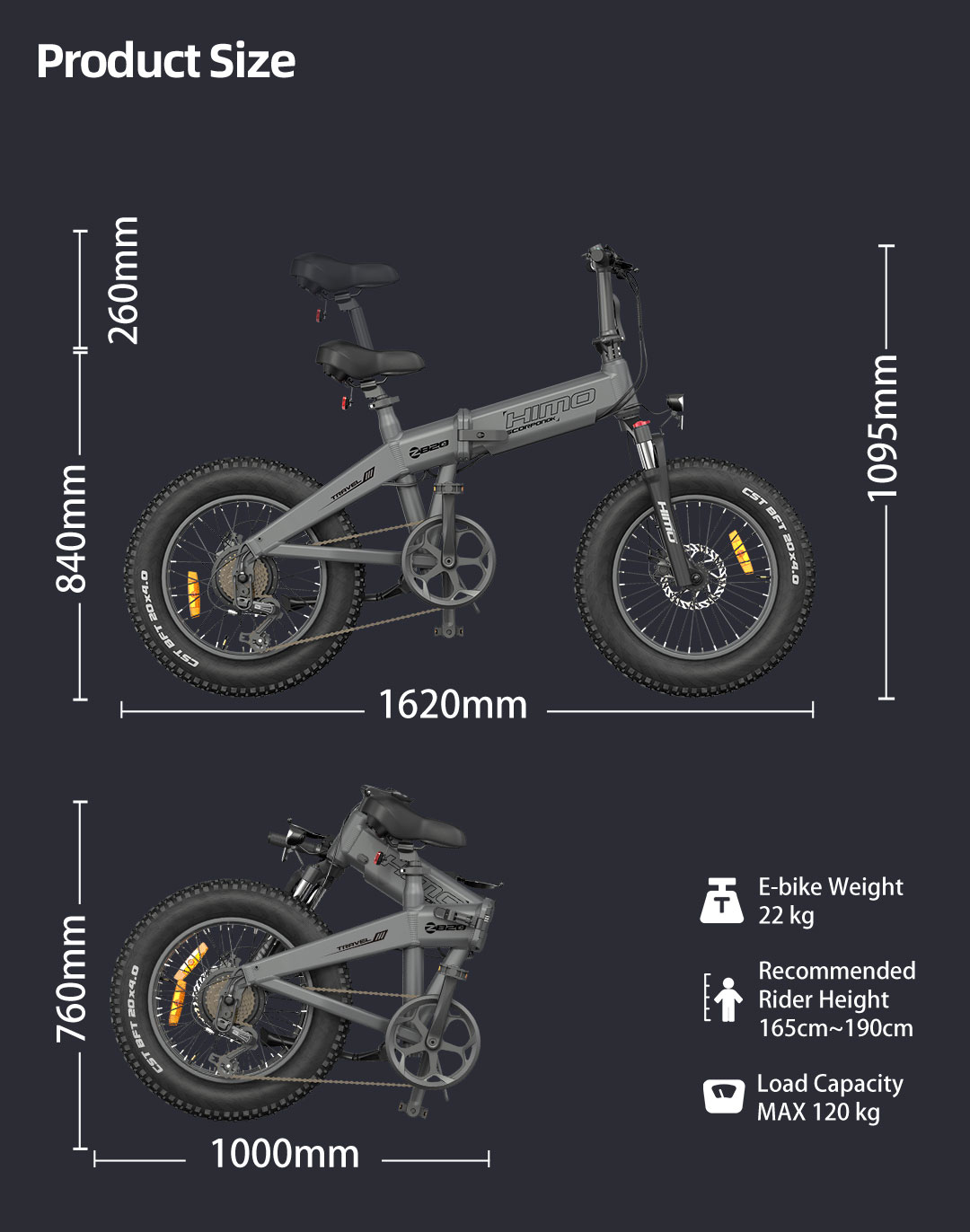 HIMO ZB20 MAX Global version Folding Electric Mountain Bike 20" Wheels 4 Inch Fat Wide Tires 350W Motor Shimano 6 Speeds Derailleur 48V 10Ah Detachable Lithium Battery Dual Disc Brake Hydraulic Shock Folk LCD Display Up to 80km - Grey
