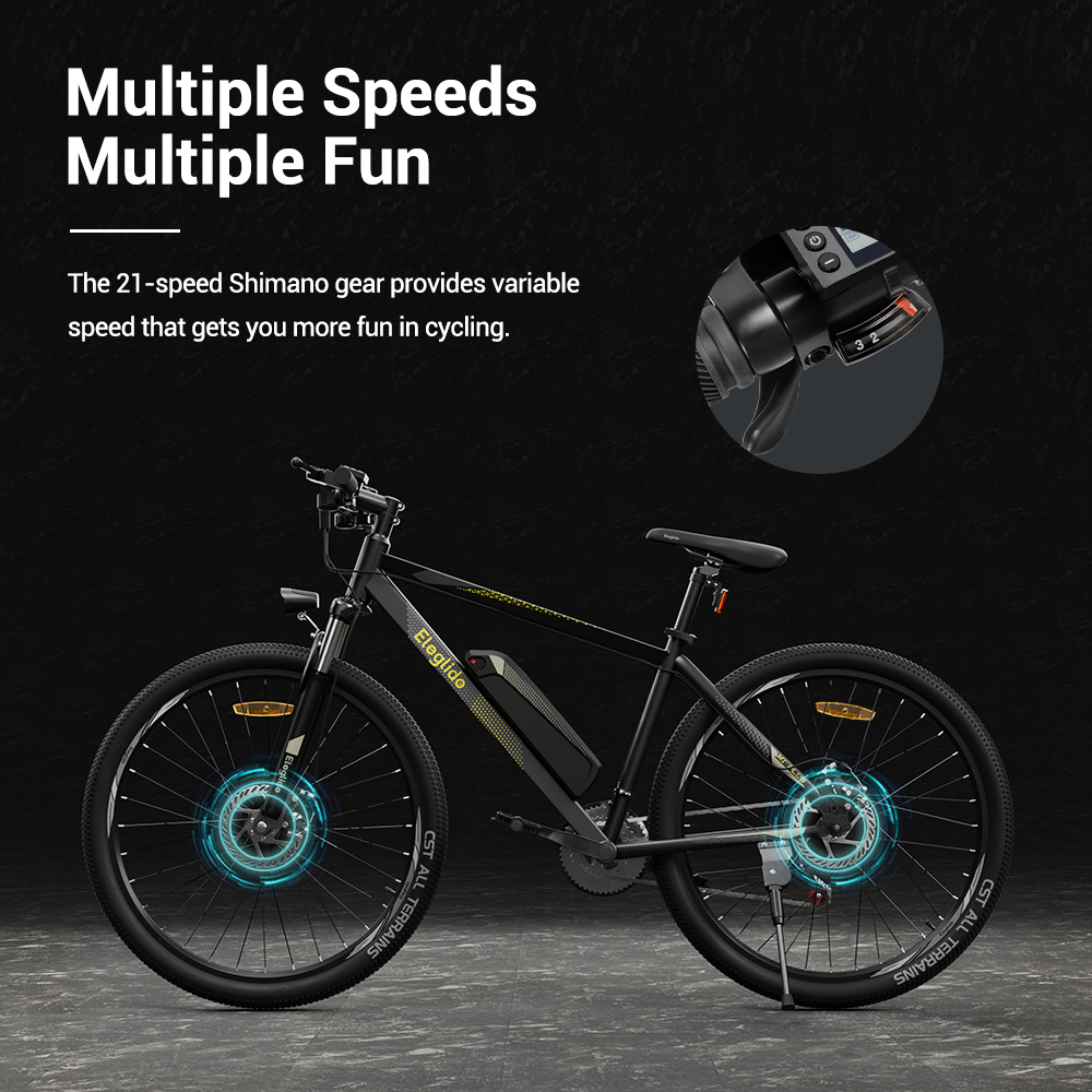 ELEGLIDE M1 PLUS Upgraded Version Electric Mountain Bike 27.5 inch 250W Brushless Motor SHIMANO 21 Speeds Shifter 36V 12.5Ah Battery 25km/h speed IPX4 Waterproof Electric-Assist up to 100km Max Range Aluminum alloy Frame Dual Disk Brake - Black