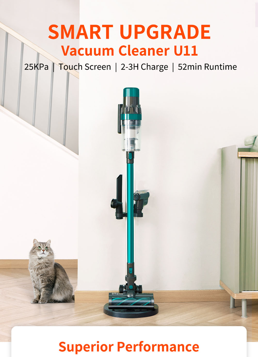 Ultenic U11 Cordless Vacuum Cleaner 25KPa Suction with Rechargeable Stand Holder LED Display & Removable Battery 3 Adjustable Modes 55mins Runtime - Green