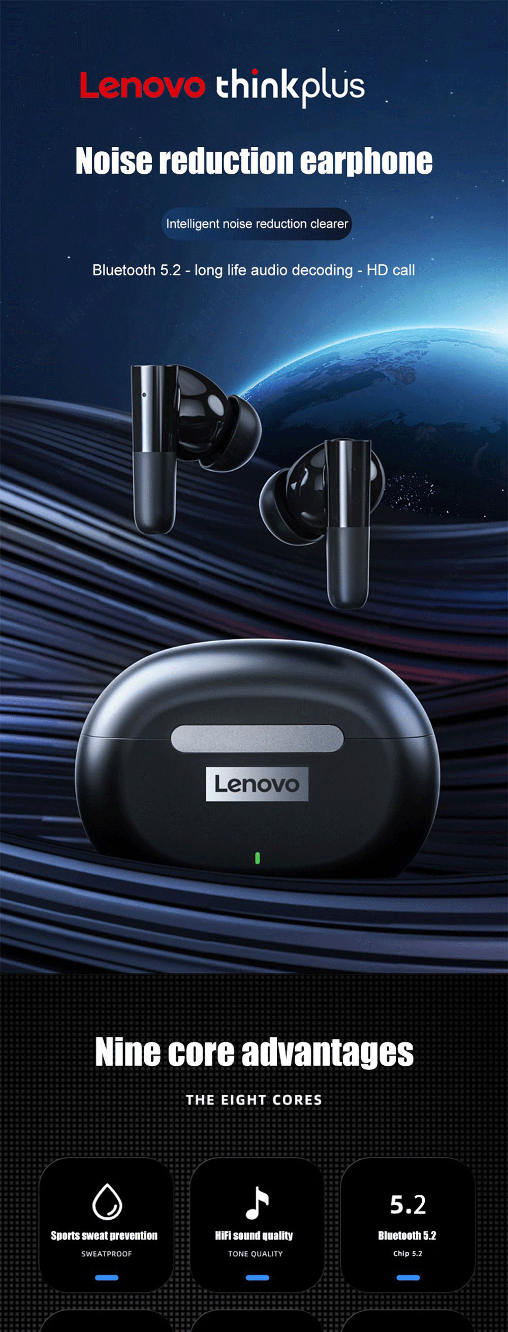 Lenovo thinkplus LP3 ANC Bluetooth 5.2 TWS Earphones, Active Noise Cancellation, ENC, HD Call with Mic, Low Latency - Black