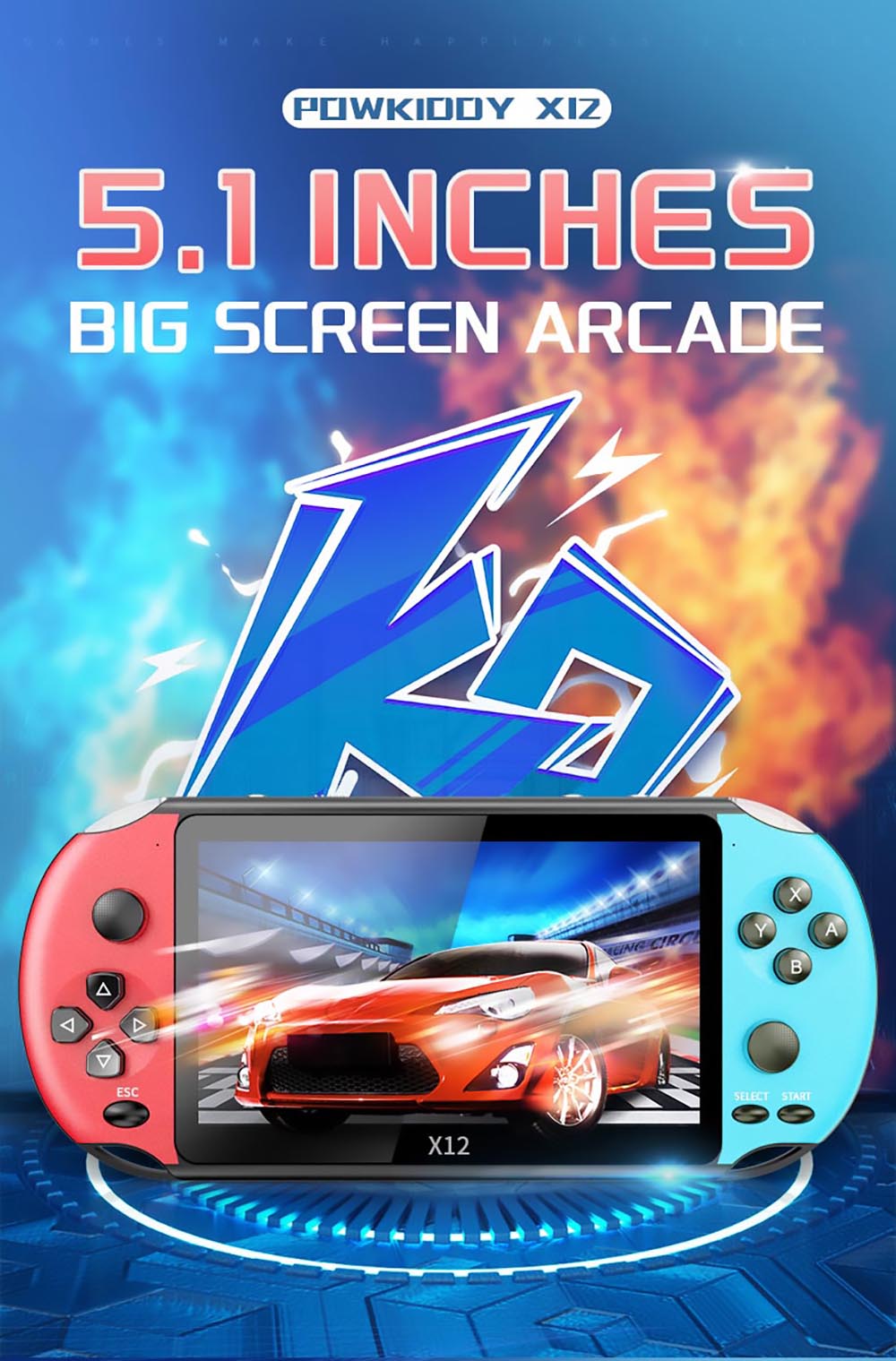 Powkiddy X12 Retro Handheld Game Console 5.1 inch IPS Screen Built-in 8GB Storage - Red