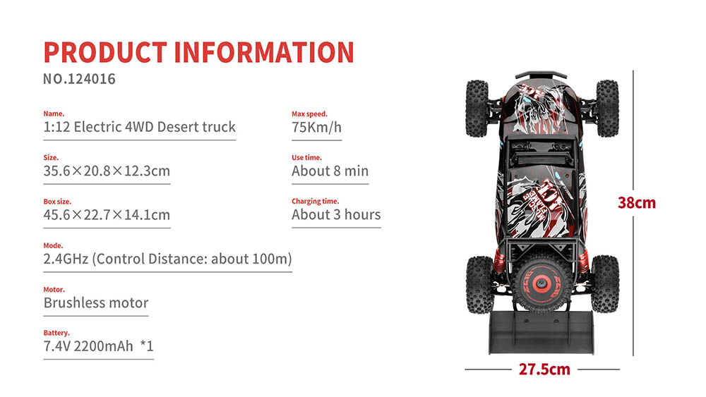 Wltoys 124016 1/12 2.4G 4WD 75km/h Metal Chassis Brushless Off-Road Desert Truck RC Car