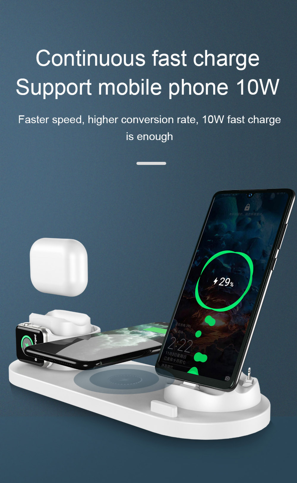 6 in 1 Wireless Charger Mobile Phone Wireless Charging Bracket Earphone Fast Charging - Black