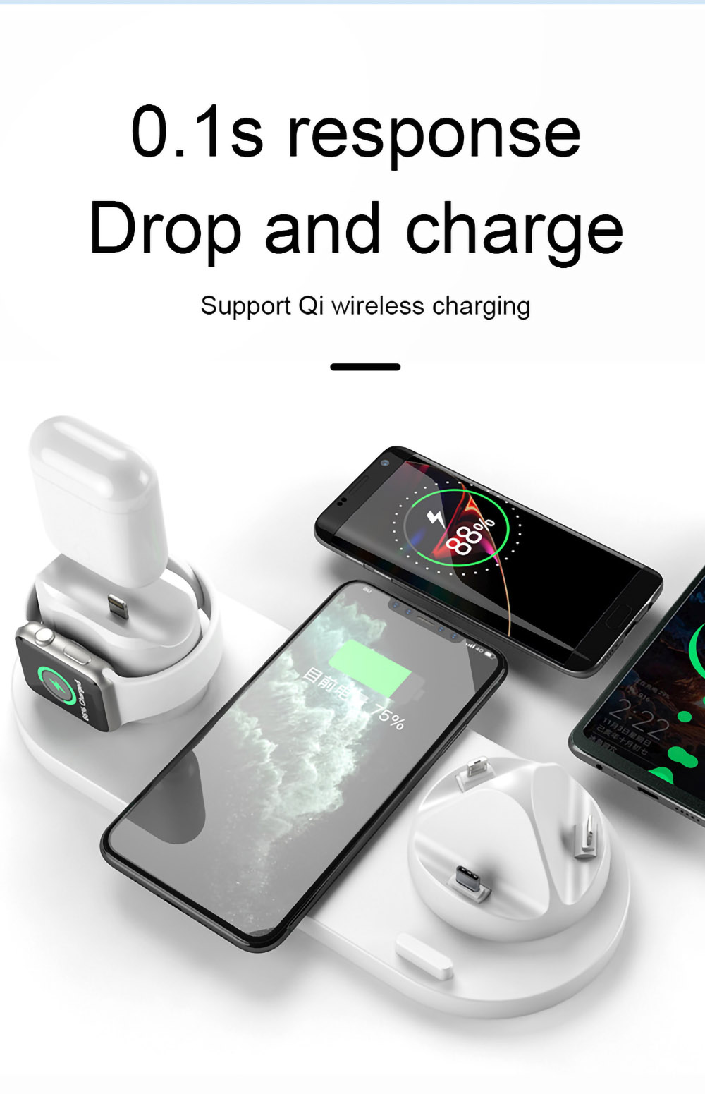 6 in 1 Wireless Charger Mobile Phone Wireless Charging Bracket Earphone Fast Charging - Black