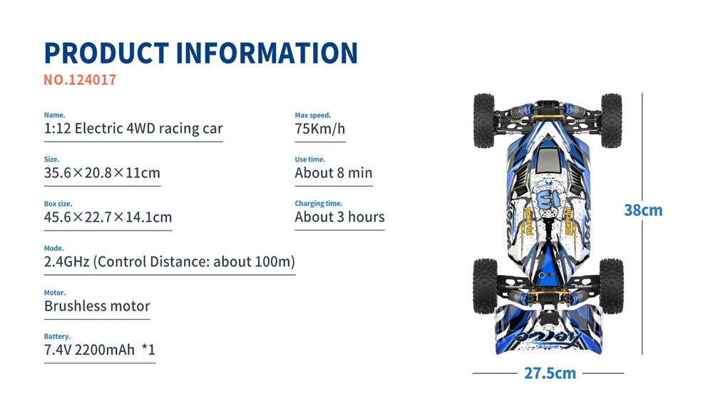 Wltoys 124017 New Upgraded 4300KV Motor 1/12 2.4G 4WD 75km/h Brushless Metal Chassis RC Car RTR - Two Batteries