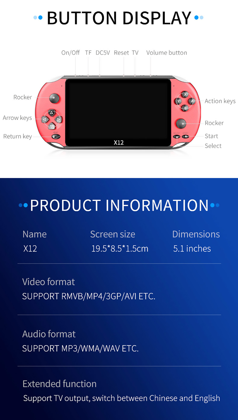 Powkiddy X12 Retro Handheld Game Console 5.1 inch IPS Screen Built-in 8GB Storage - Red
