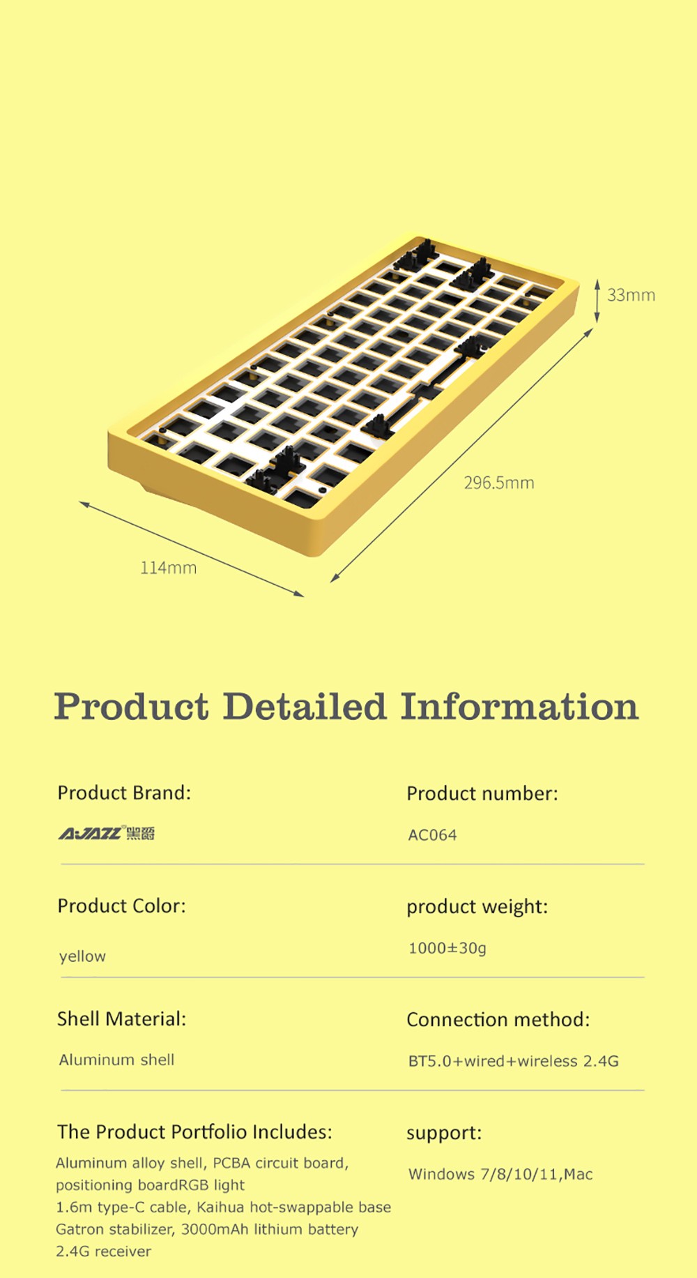 AJAZZ AC064 RGB Mechanical Keyboard Customized Banana&Clear Switch Full 64 Key Anti-Ghosting NKRO for Gaming Windows PC