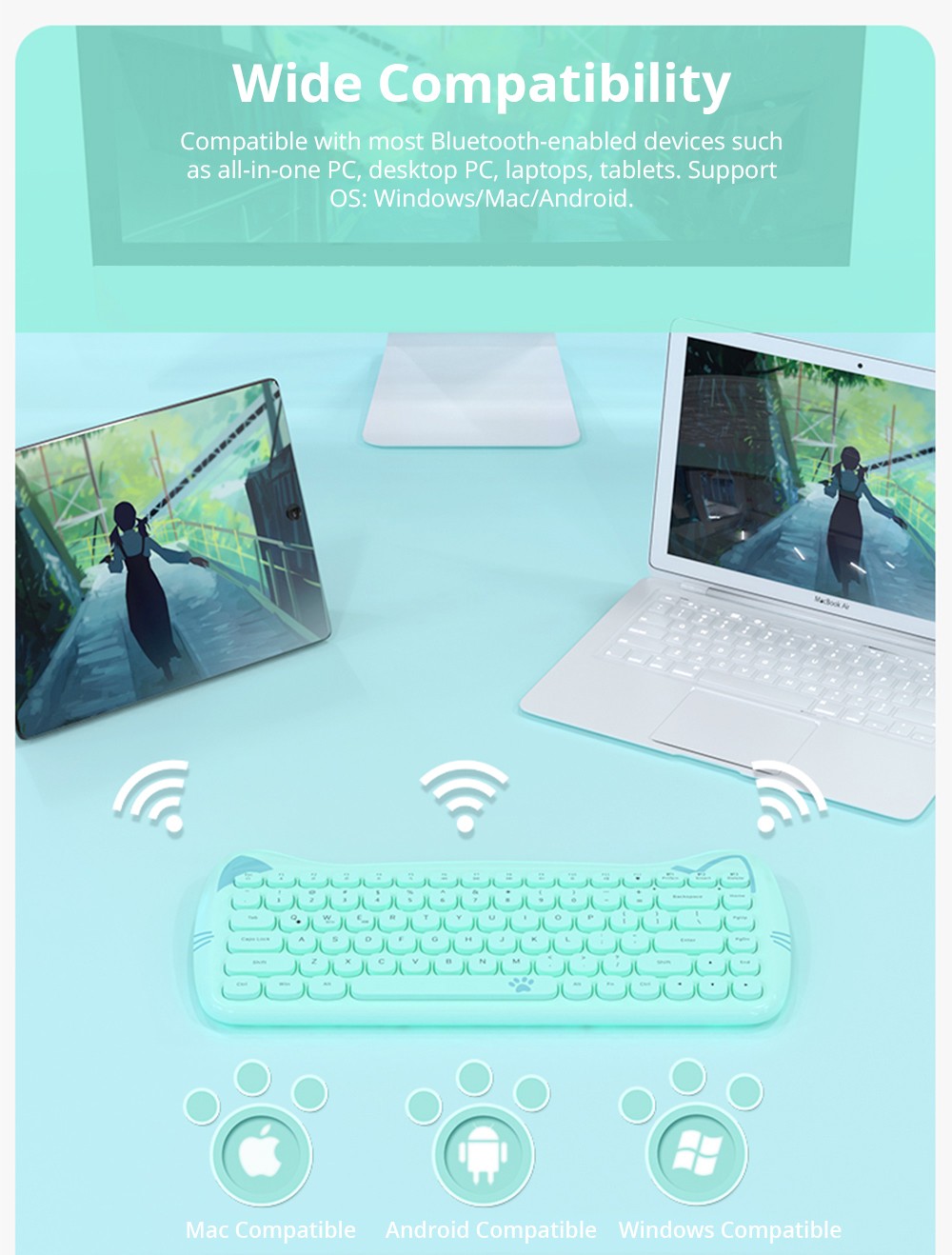 Ajazz 3060i 2.4G draadloos toetsenbord en muisset Leuk ontwerp voor huisdieren 84 toetsen Ondersteuning Mac iOS Windows - Paars