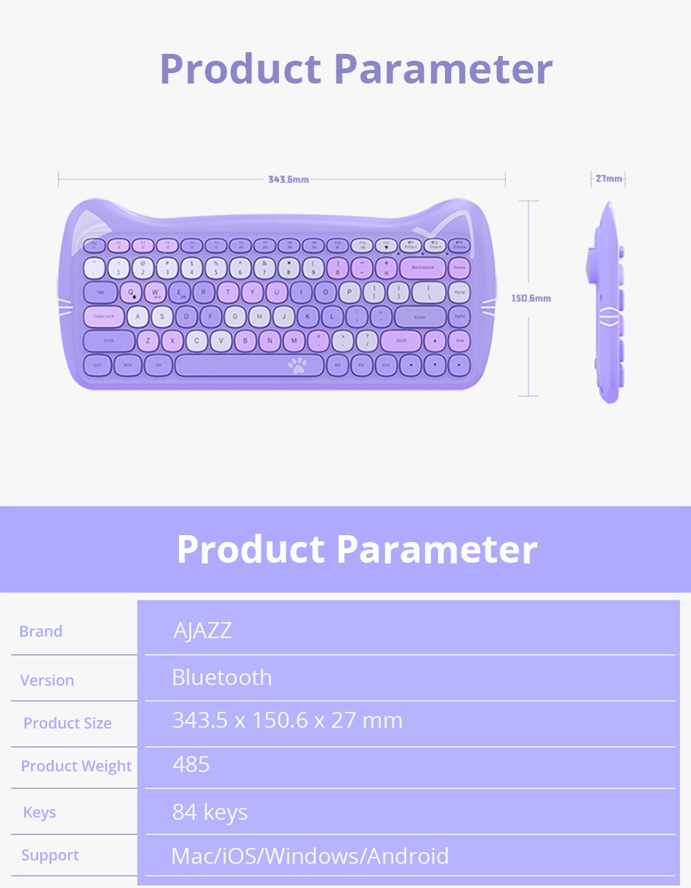 Ajazz 3060i Bluetooth Wireless Keyboard Cute Pet Design 84 Keys Support Mac iOS Windows Android – Pink