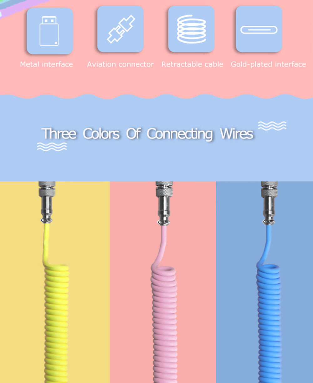 Ajazz AL60 TPE Data Cable Keyboard Accessory Flexible 20-230cm USB Type-c Interface - White Pink