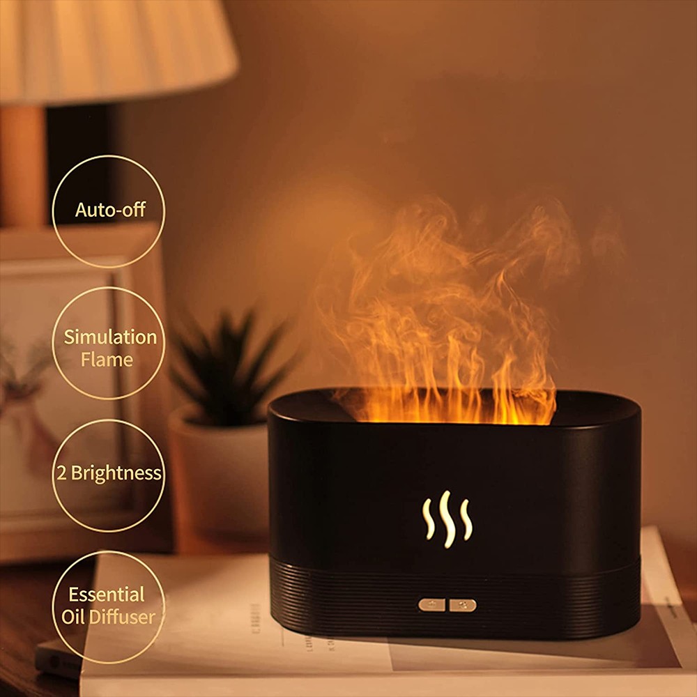 Aromatherapy Diffuser Simulation Flame Mist Humidifier USB Ultrasonic Cool Mist Aroma Essential for Home Office - Black