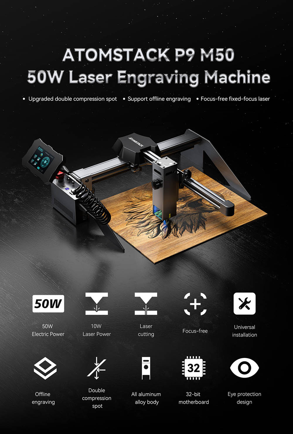 Atomstack P9 M50 50W Portable Dual Laser Engraving Machine Engraving Area 220x250mm