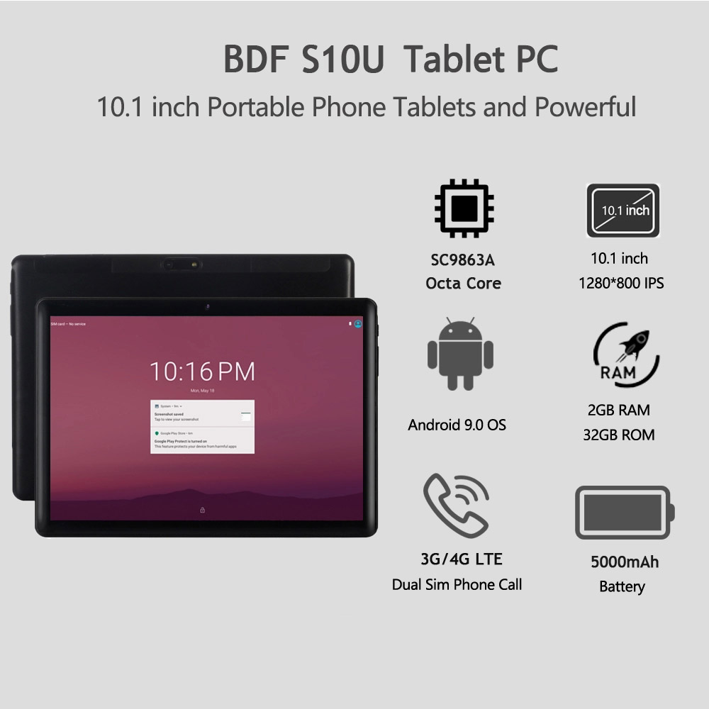 BDF S10 Tablet PC 10.1 Inch Quad Core Android 9.0 2GB/32GB Google Play WiFi Bluetooth 4G Phone Calling EU Plug - Black