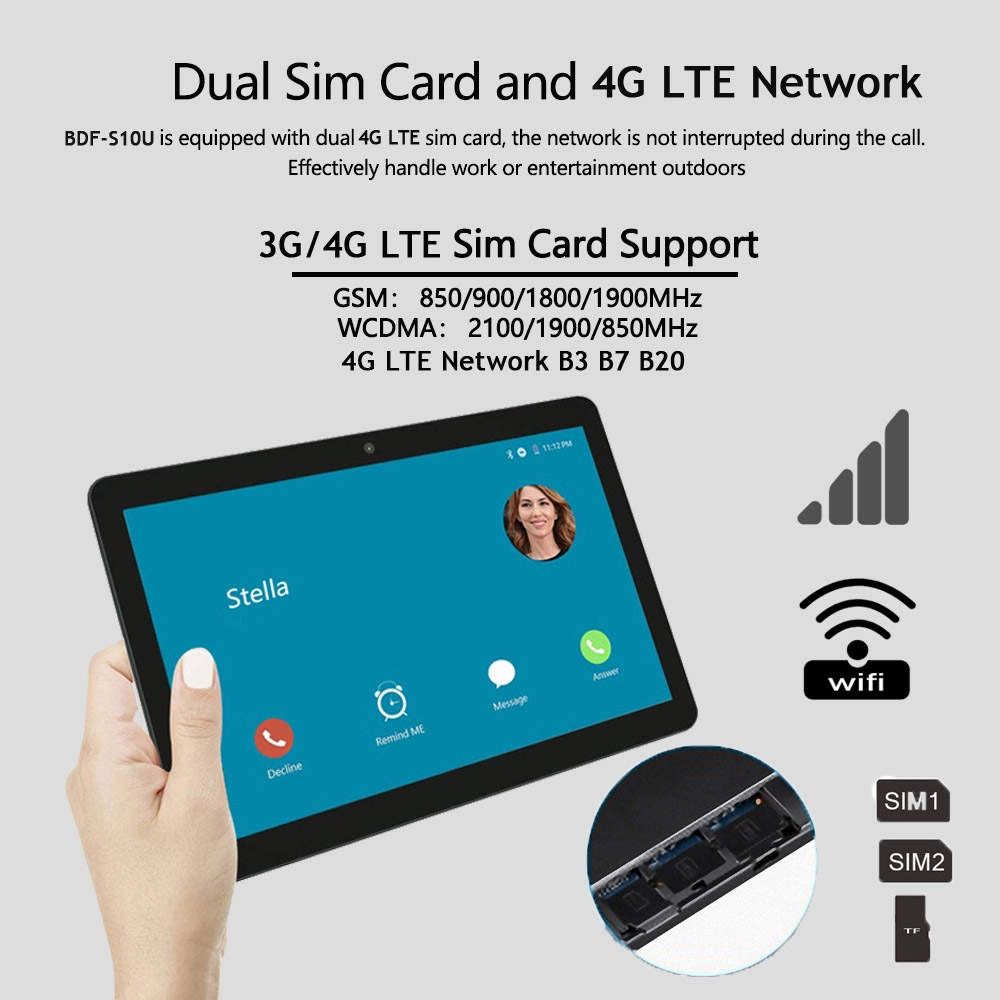 BDF S10 Tablet PC 10.1 Inch Quad Core Android 9.0 2GB/32GB Google Play WiFi Bluetooth 4G Phone Calling EU Plug - Blue