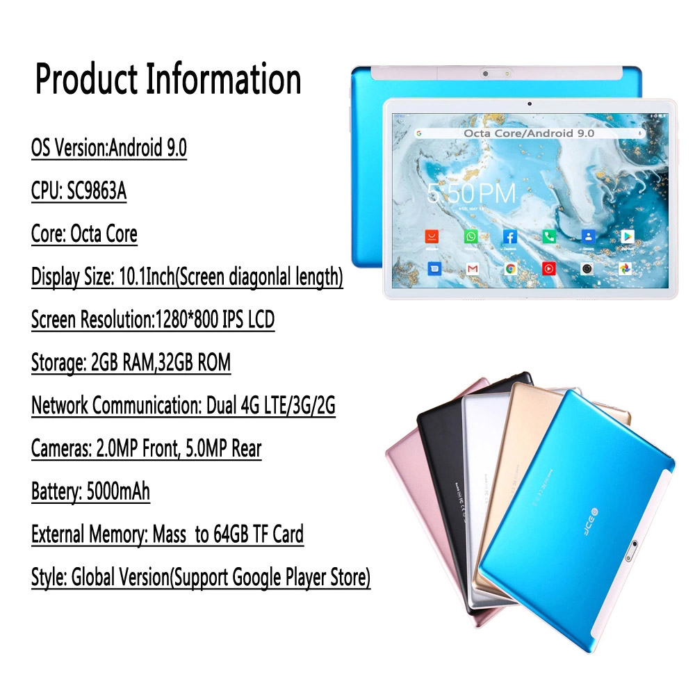 BDF S10 Tablet PC 10.1 Inch Quad Core Android 9.0 2GB/32GB Google Play WiFi Bluetooth 4G Phone Calling EU Plug - Blue