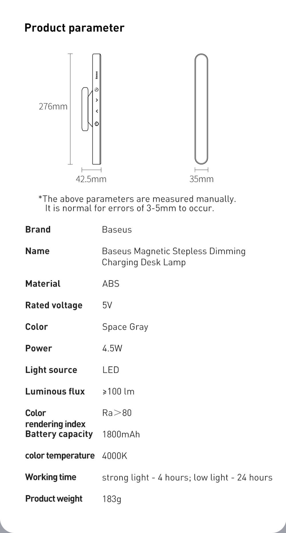 Baseus 1800mAh Battery Magnetic Stepless Dimming Charging Desk Lamp Pro with No Blue Light Hazard Rotation Design - Gray