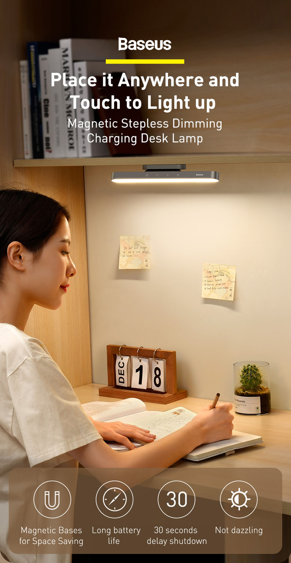Baseus 1800mAh Battery Magnetic Stepless Dimming Charging Desk Lamp Pro with No Blue Light Hazard Rotation Design -White