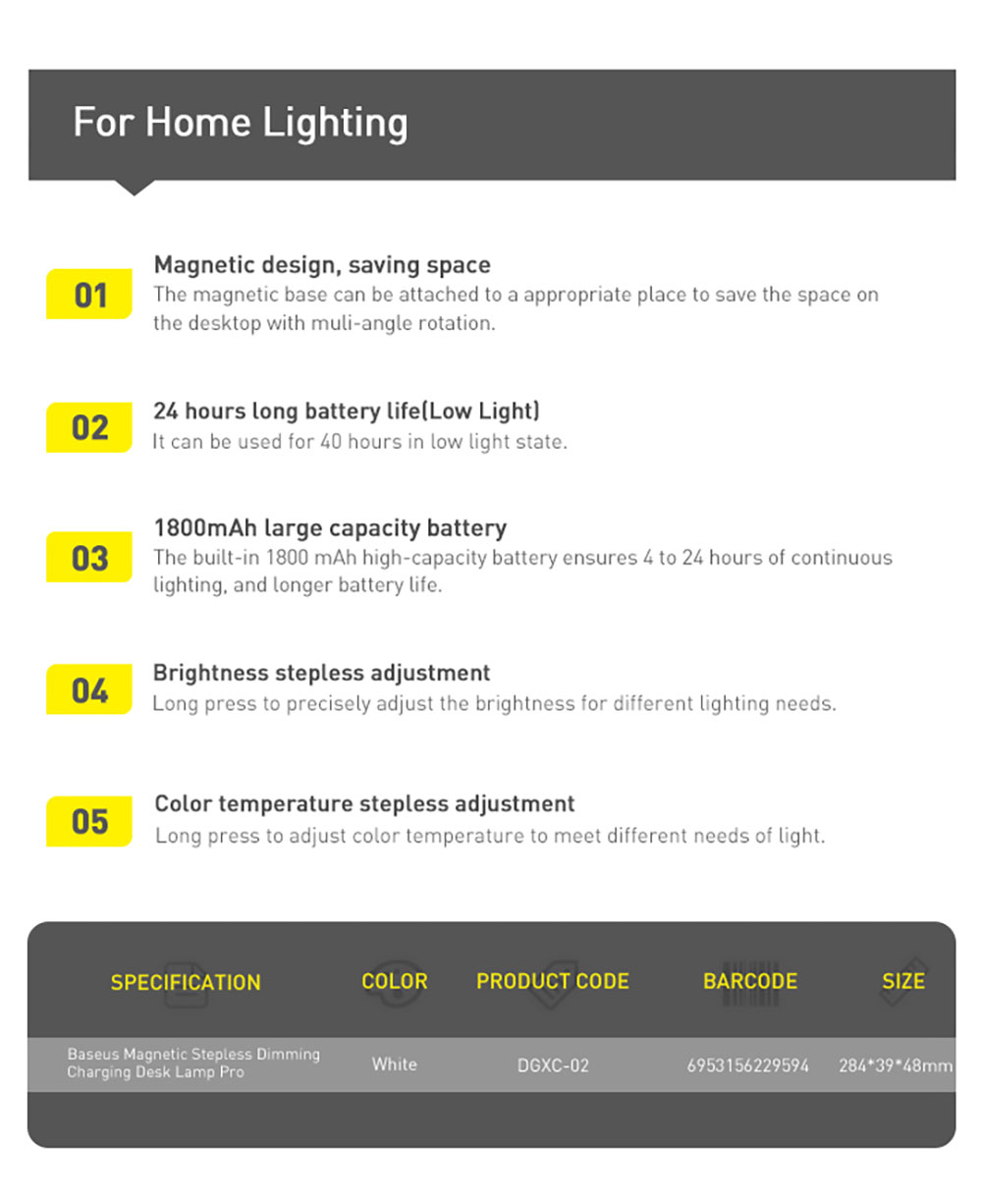 Baseus LED Desk Lamp Hanging Magnetic Table Lamp Chargeable Stepless Dimming Cabinet Light Night for Closet Wardrobe