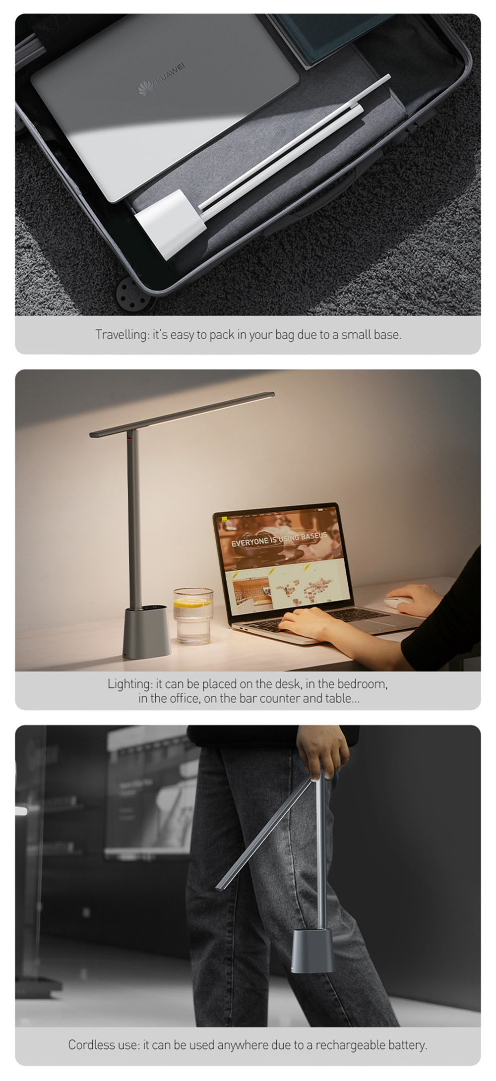 Baseus LED Smart Foldable Desk Lamp with Adaptive Brightness and Eye Protect for Read Study Bedside Office - Gray
