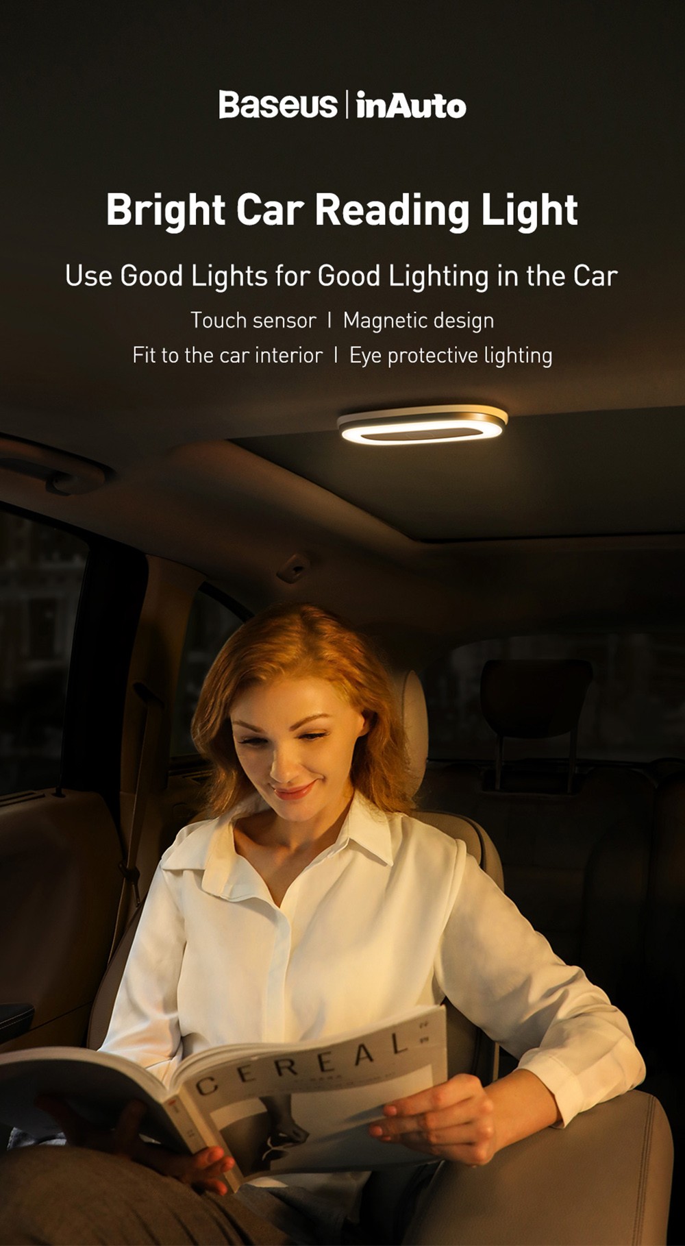 Baseus LED Night Light Car Touch Roof Light Ceiling Magnet Lamp Automobile Interior Light USB Rechargeable - White