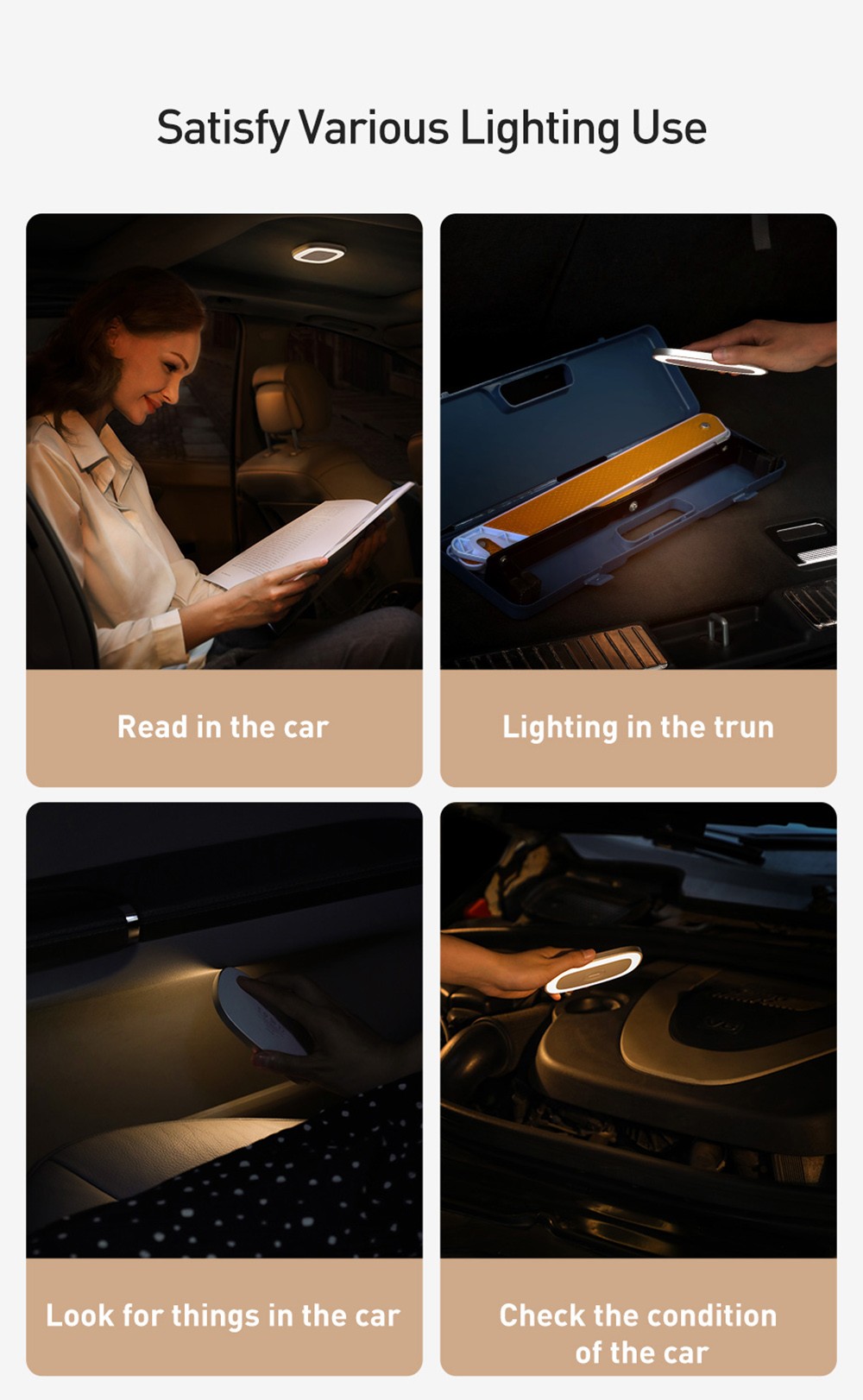 Baseus LED Night Light Car Touch Roof Light Ceiling Magnet Lamp Automobile Interior Light USB Rechargeable - White