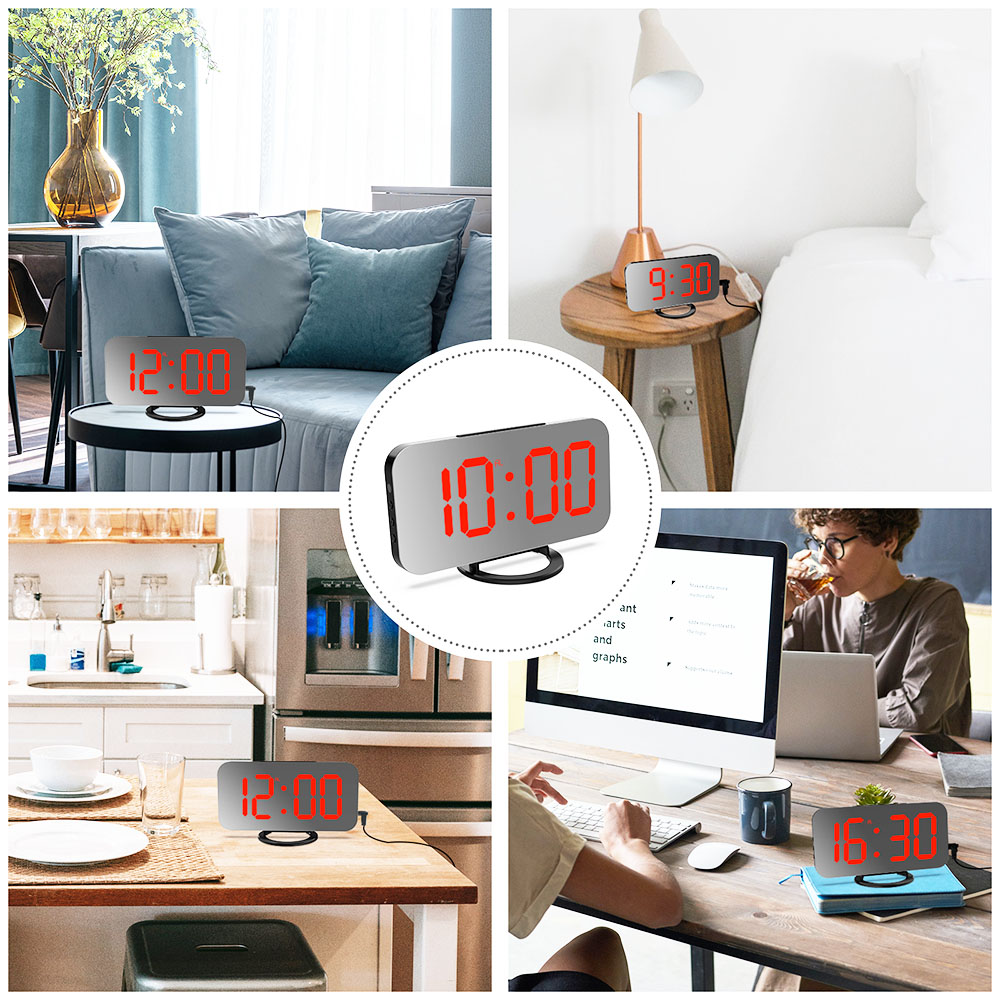 Digital LED Clock Large Display Mirror Surface for Makeup with Dimming Mode 3 Levels Brightness Dual USB Ports - Red