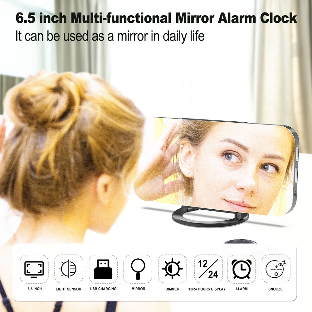 Digital LED Clock Large Display Mirror Surface for Makeup with Dimming Mode 3 Levels Brightness Dual USB Ports - Red