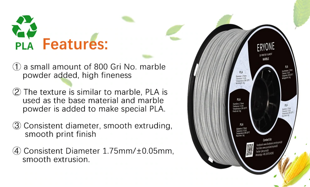 ERYONE Marble PLA Filament For FDM 3D Printer/Pen, 1.75mm Tolerance 0.03mm 1KG(2.2LBS)/Spool 12 ERYONE Marble PLA Filament for FDM 3D Printer/Pen, 1.75mm Tolerance 0.03mm 1KG(2.2LBS)/Spool
